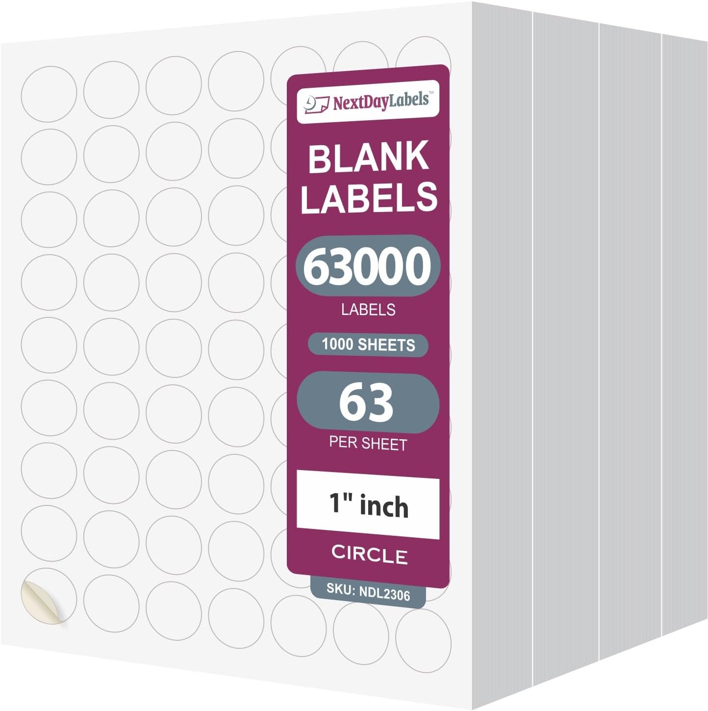 8-1/2" x 11" White Laser Labels, 63 Labels per Sheet, 1" Round
