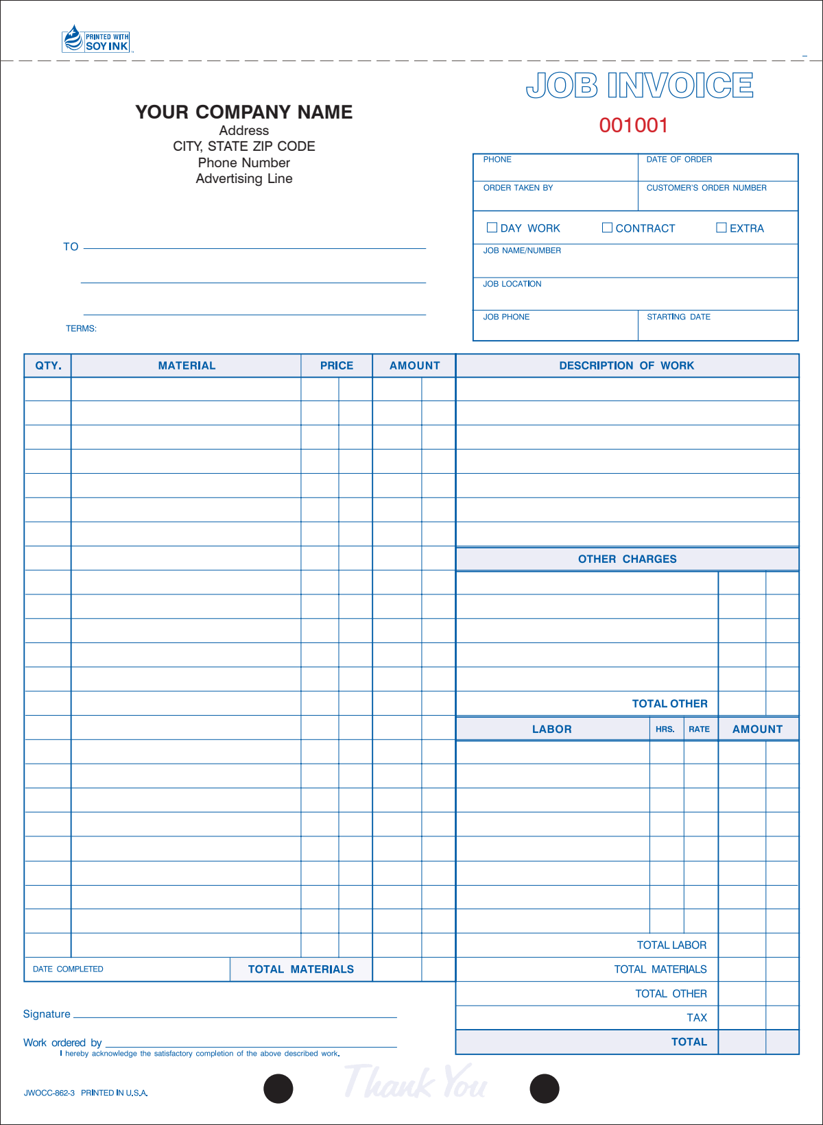 8-1/2 x 11'' Job Invoice 500 sets per book 3/4 part carbonless