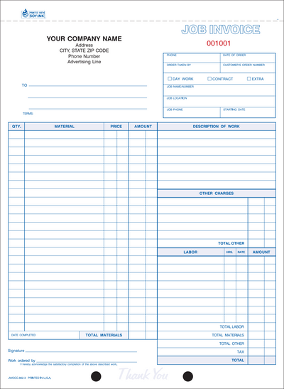 8-1/2 x 11'' Job Invoice 500 sets per book 3/4 part carbonless