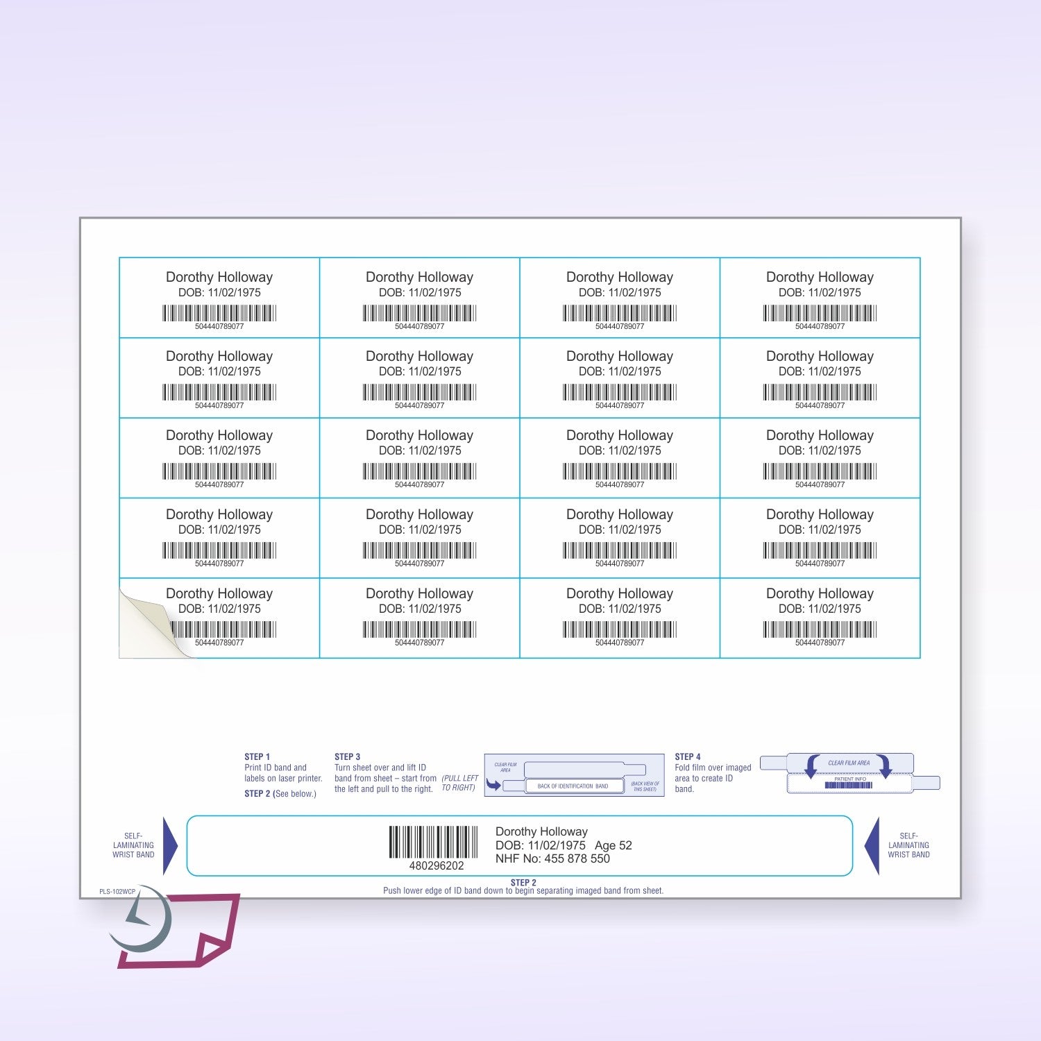 8-1/2" x 11" Wrist Band For Adults, 20 Labels