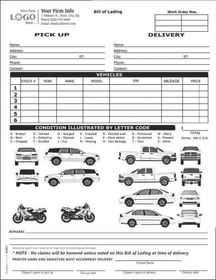 Car, SUV, Pickup Truck & Motorcycle Transport Bill of Lading Form