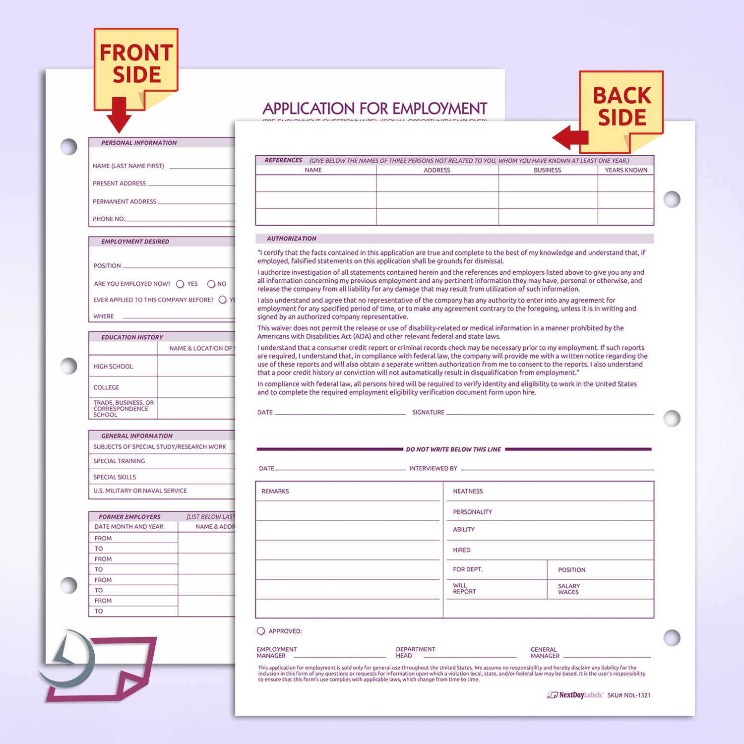 Employment application forms 8.5 x 11''