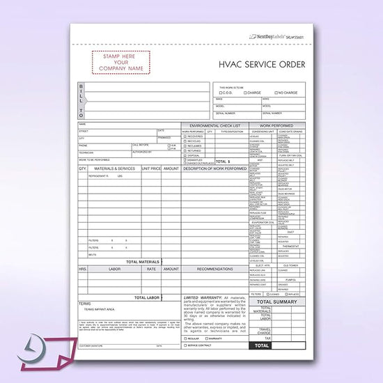 3 Part HVAC Invoice & Repair Detail Form