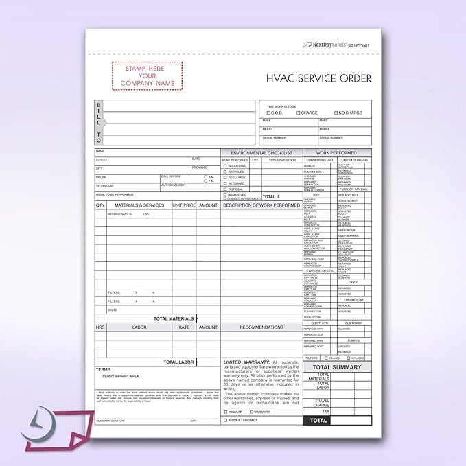 3 Part HVAC Invoice & Repair Detail Form