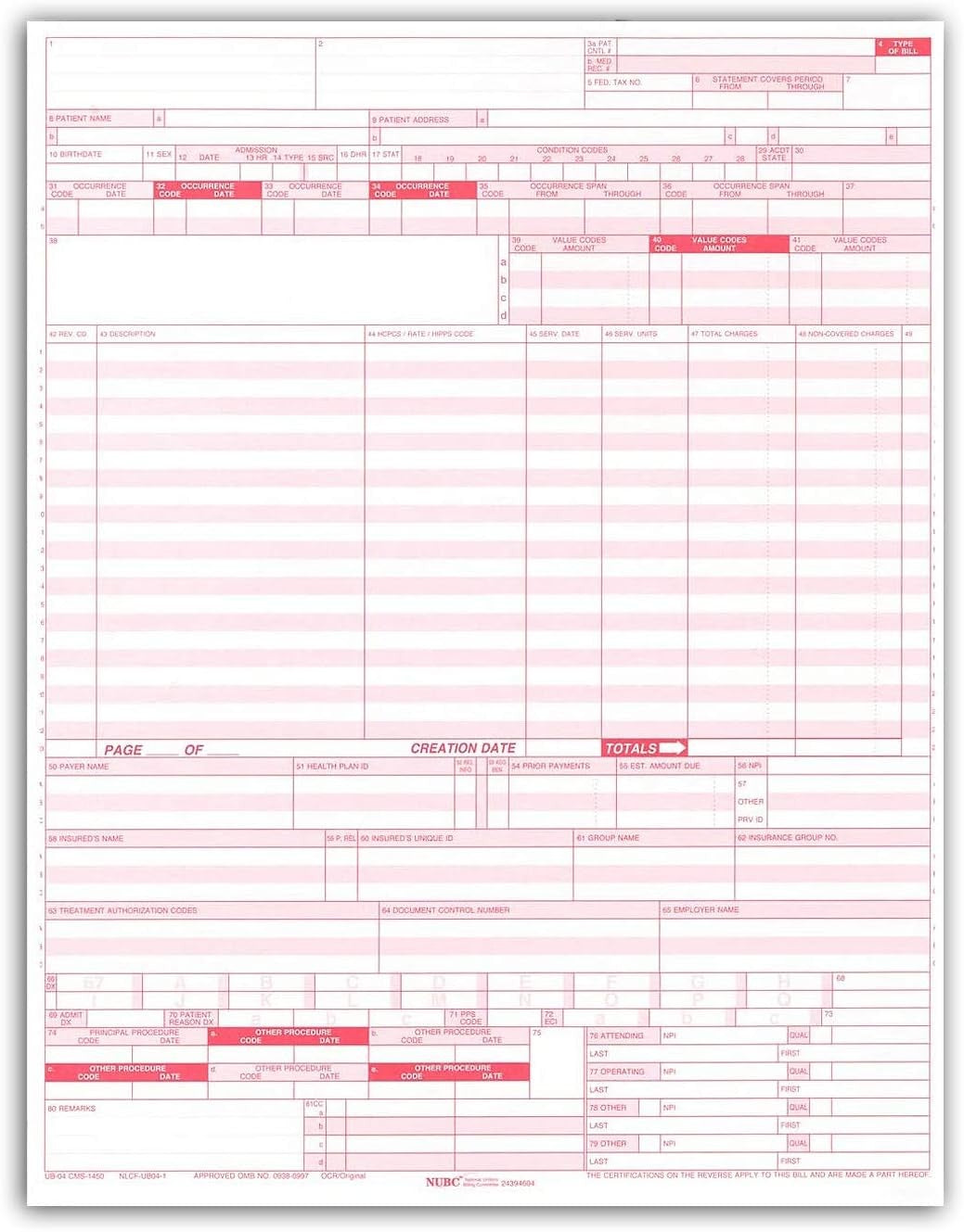 UB-04 CMS 1450 Institutional Health Insurance Claim Form