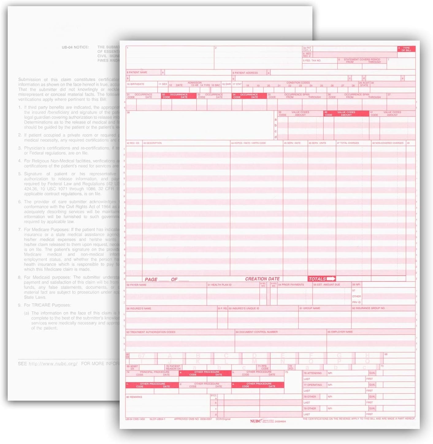 UB-04 CMS 1450 Institutional Health Insurance Claim Form