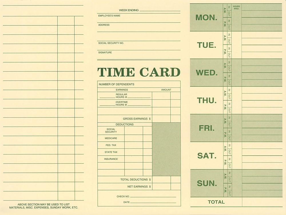 Weekly Time Card, Tag Stock, 10 3/8 X 7 3/4"