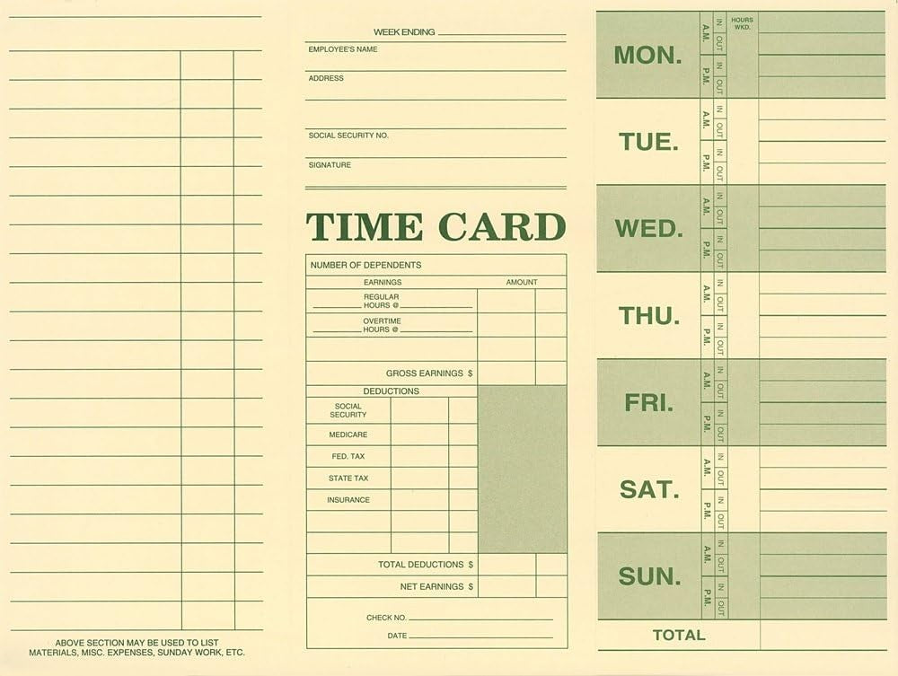Weekly Time Card, Tag Stock, 10-3/8" x 7-3/4"