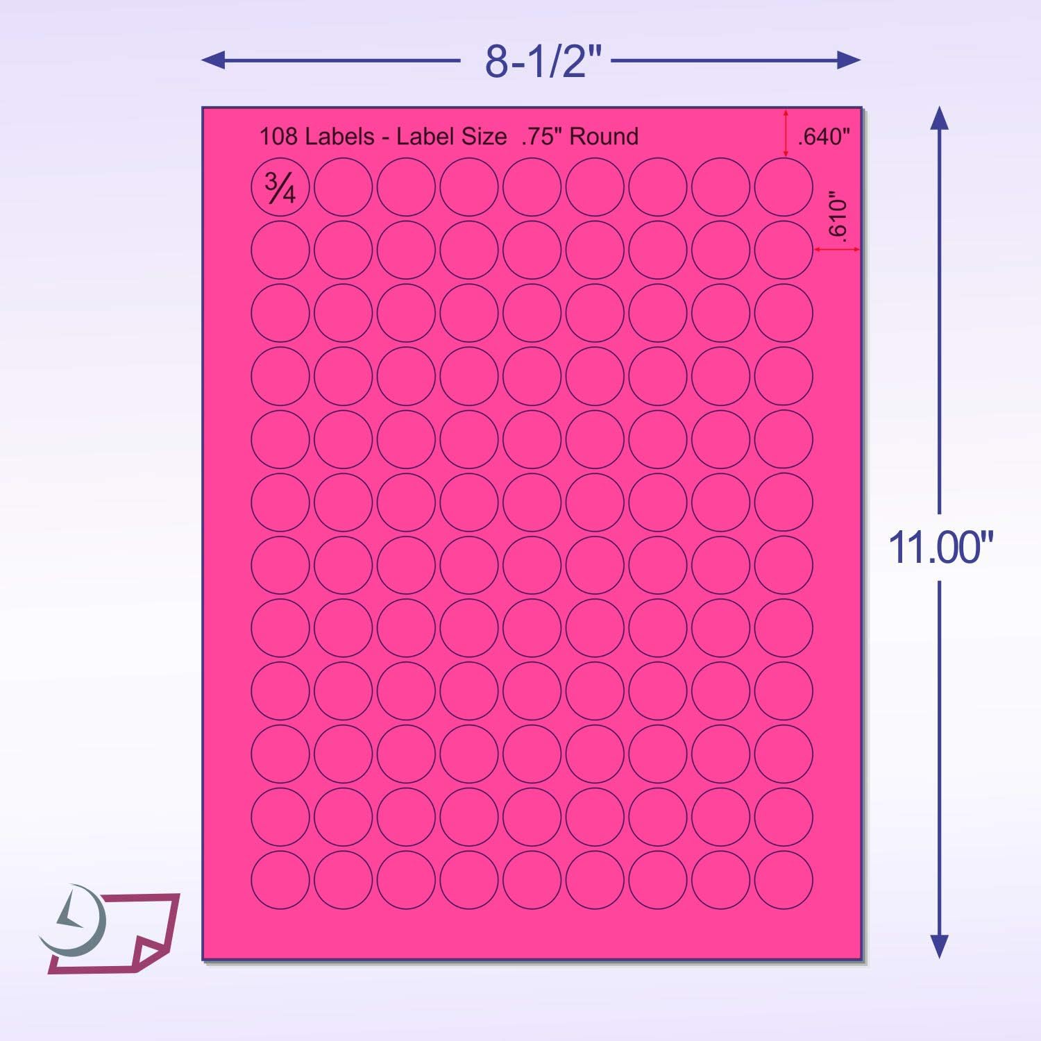 8-1/2" x 11" Pink Fluorescent 108 Labels per Sheet 3/4" Round