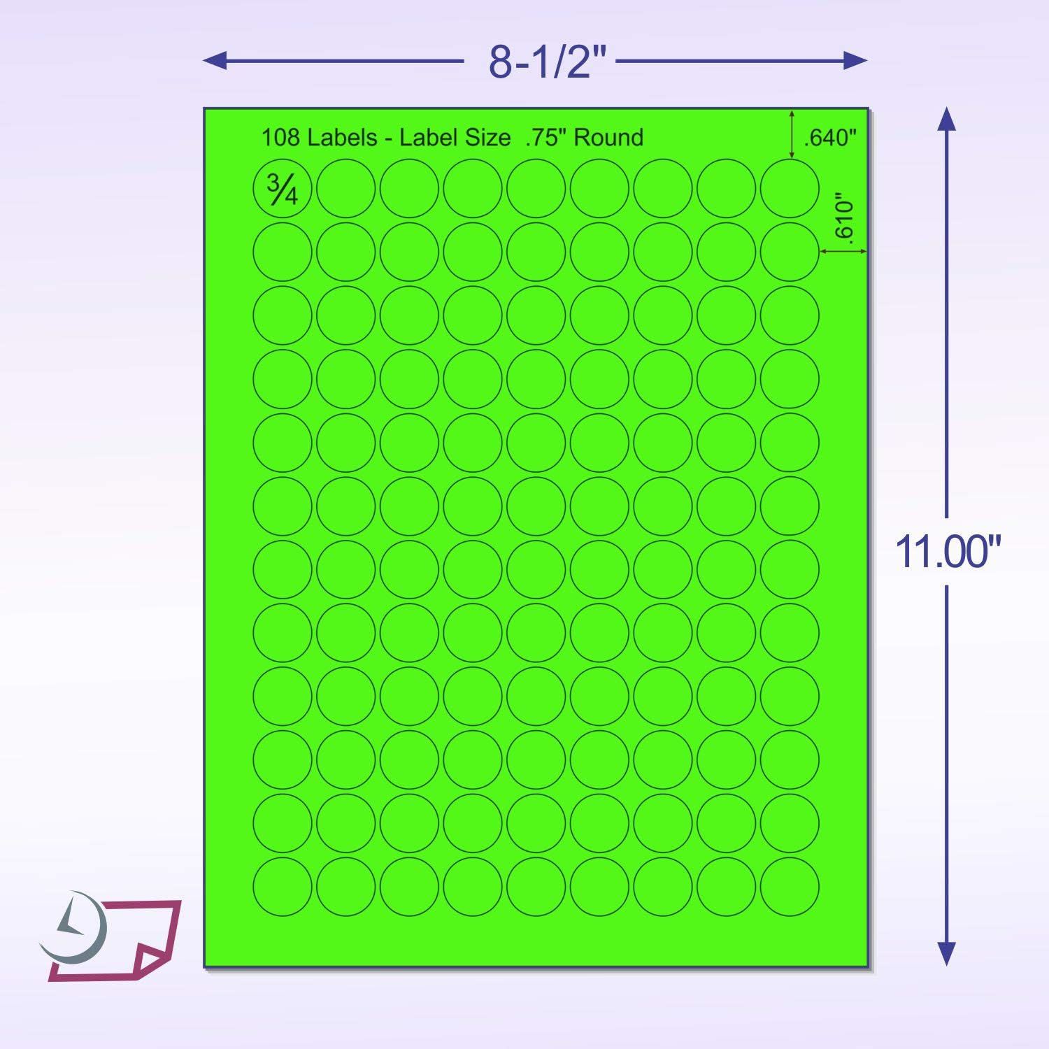 8-1/2" x 11" Green Fluorescent 108 Labels per Sheet 3/4" Round