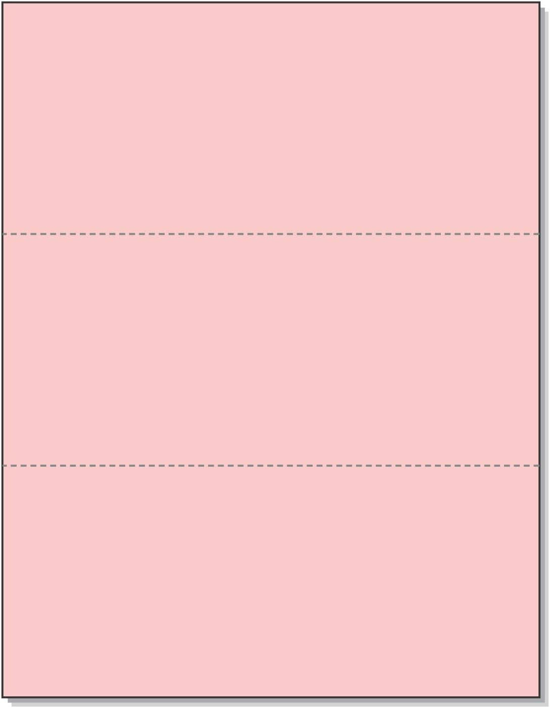 8-1/2 x 11" 20# Laser cut sheet, 2 Horizontal perf at 3-2/3" & 7-1/3" Pink