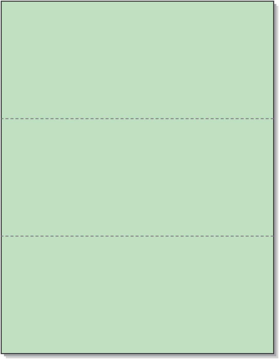 8-1/2 x 11" 20# Laser cut sheet, 2 Horizontal perf at 3-2/3" & 7-1/3" Green