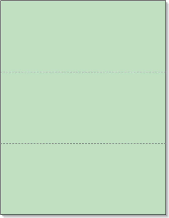 8-1/2 x 11" 20# Laser cut sheet, 2 Horizontal perf at 3-2/3" & 7-1/3" Green