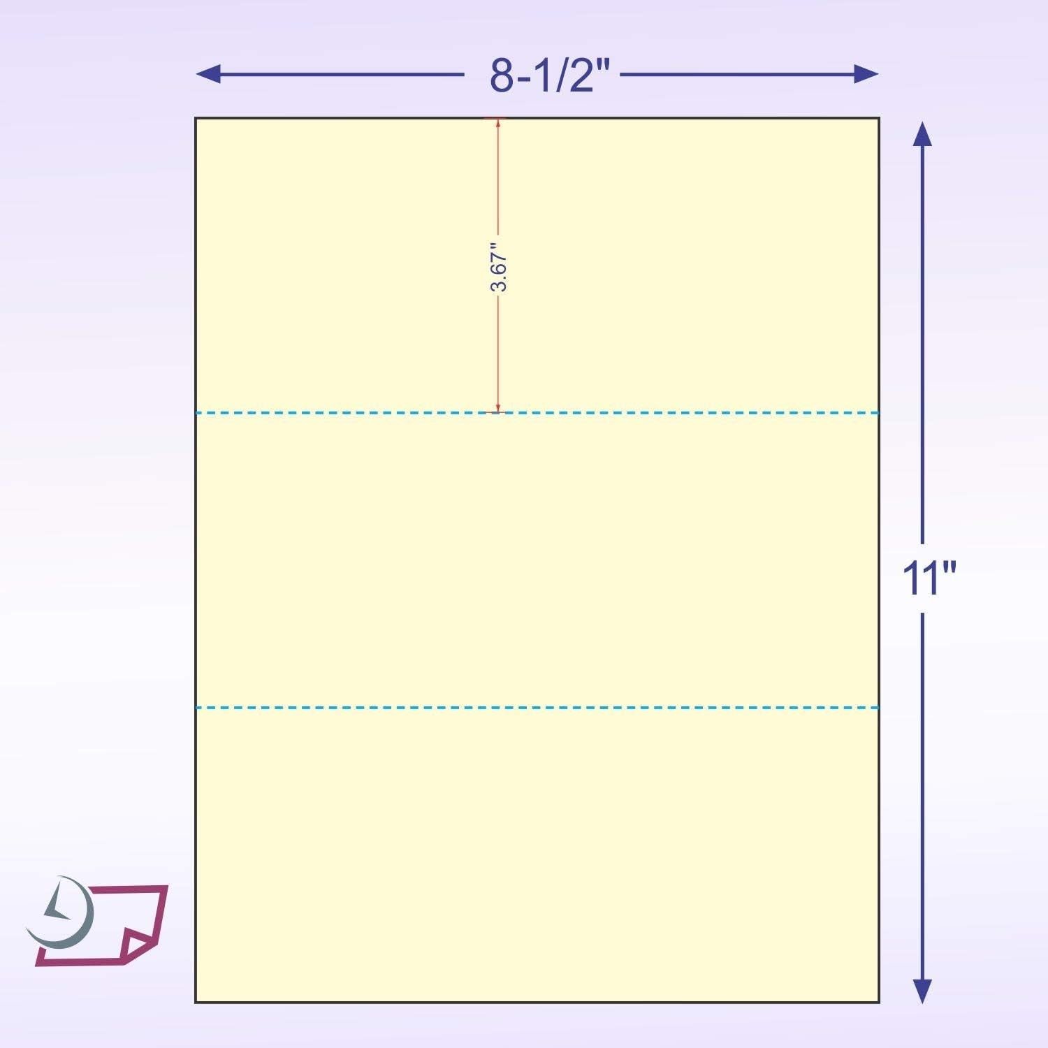 8-1/2 x 11" 20# Laser cut sheet, 2 Horizontal perf at 3-2/3" & 7-1/3" Canary