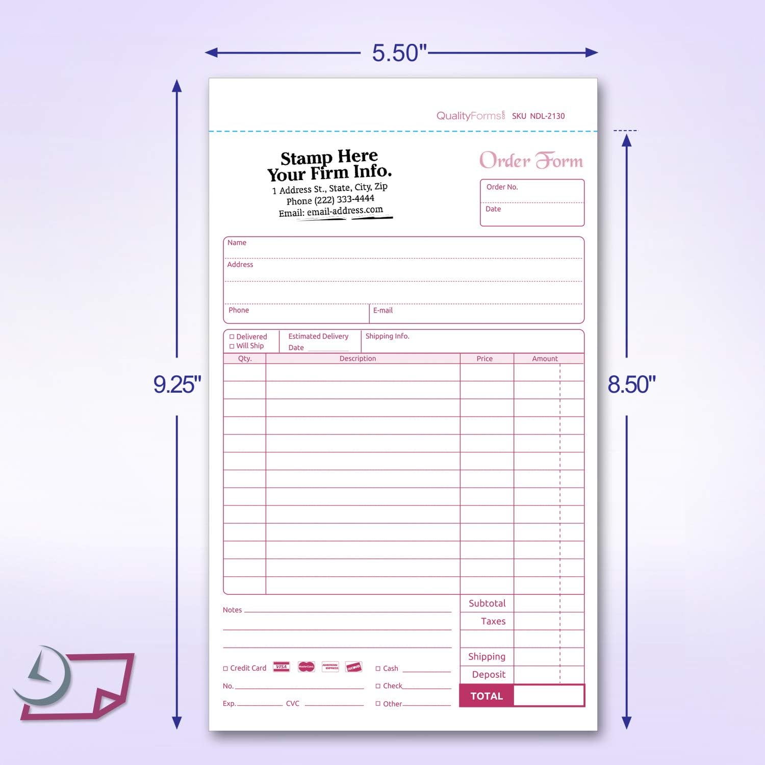 5-1/2 x 8-1/2 Carbonless 2 Part Order Forms, Bound Wraparound Cover, White/Canary, 50 Sets per Book.