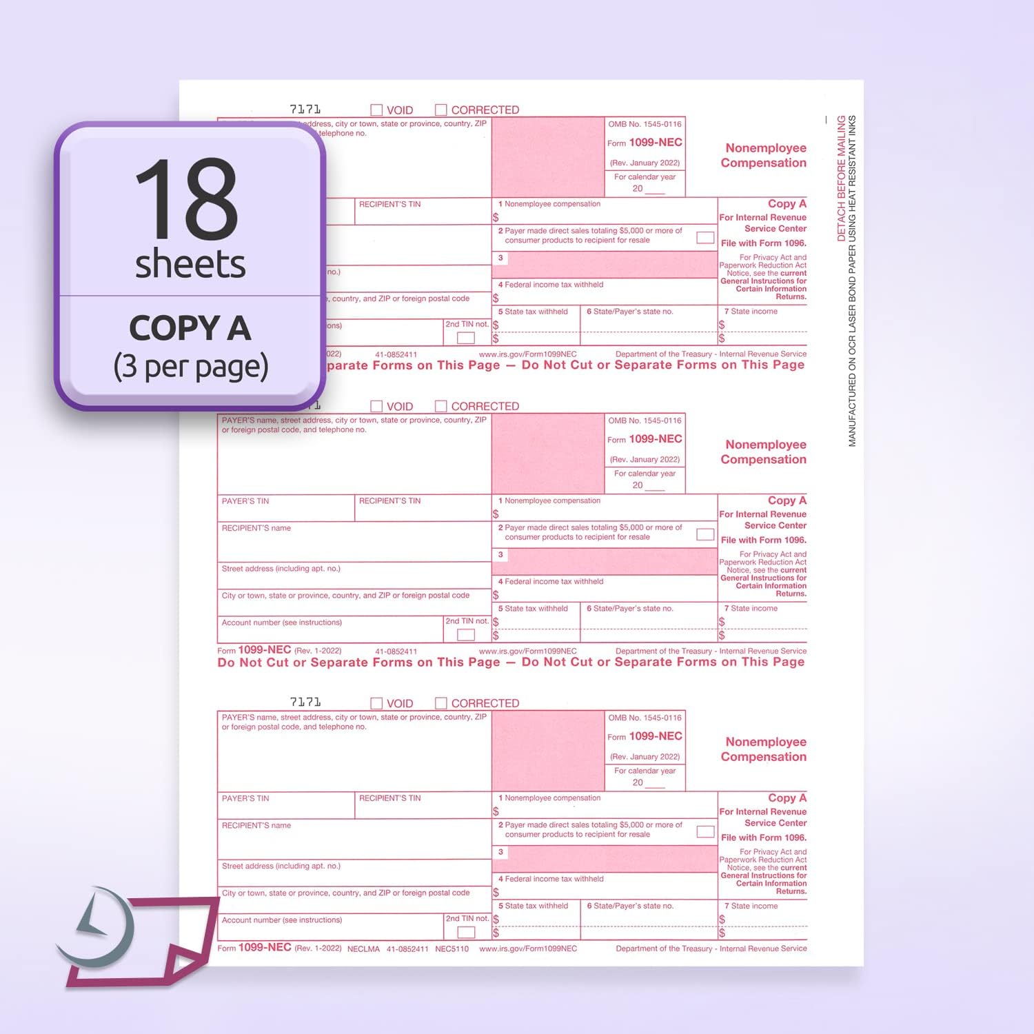 "New" 1099-NEC Forms for 2024, 4-Part  Tax Forms,  vendor kit of 50 Forms & Envelopes.