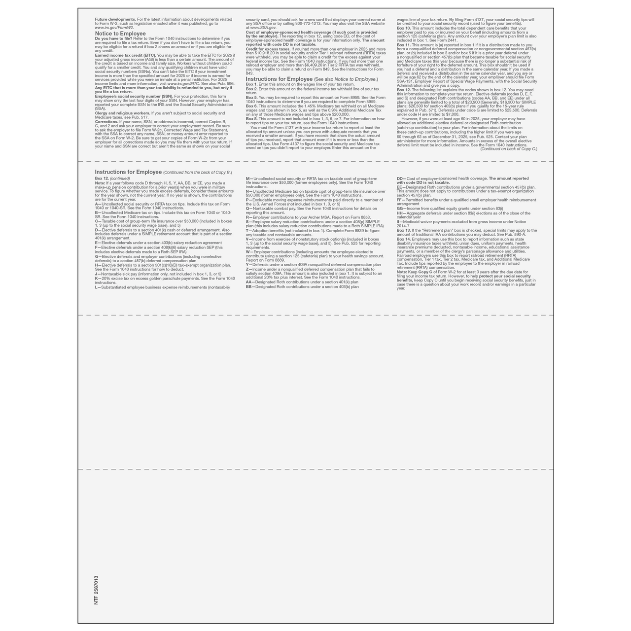 4-Up Blank W-2 Form - 3 Horizontal Perforations with Employee Instructions