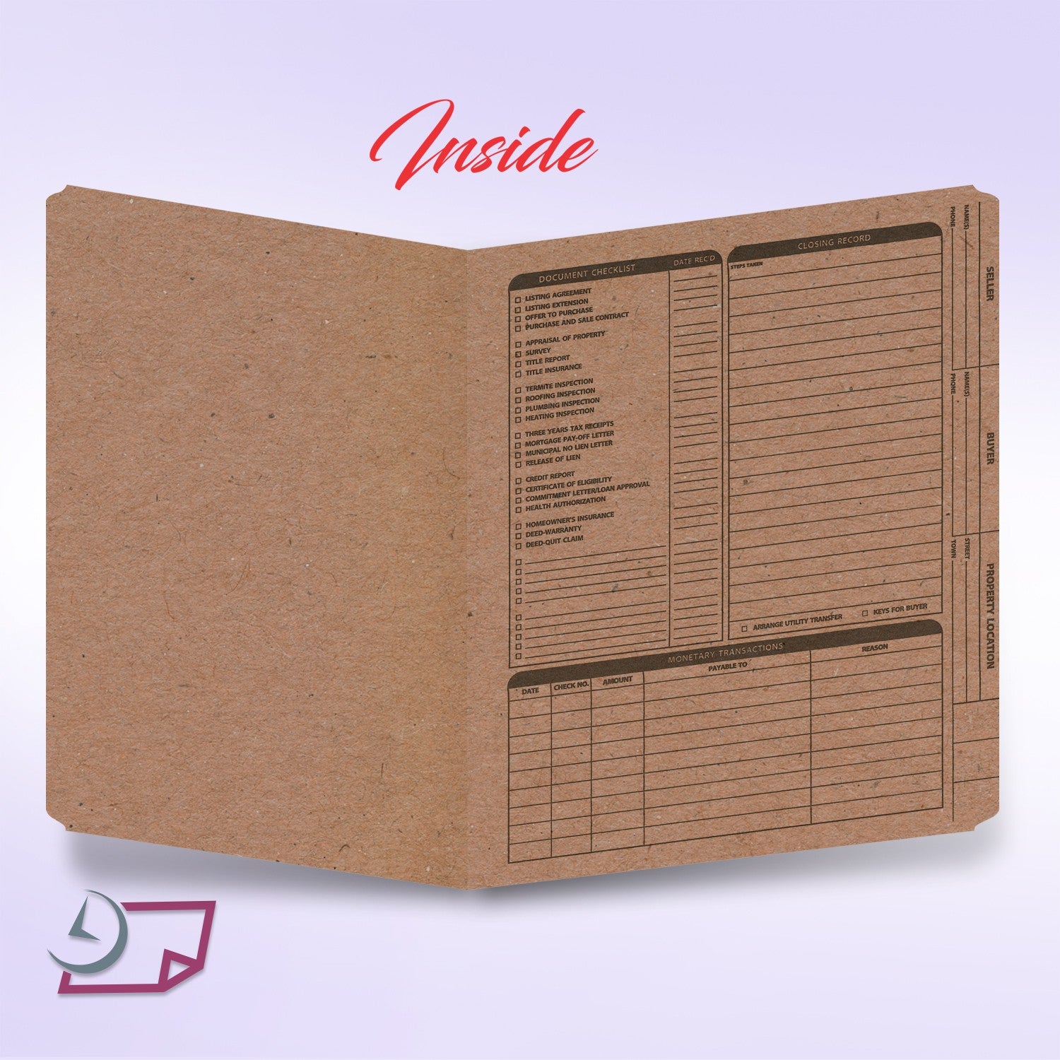 Real Estate Listing Folder, Right Panel List, Letter Size, Brown Kraft