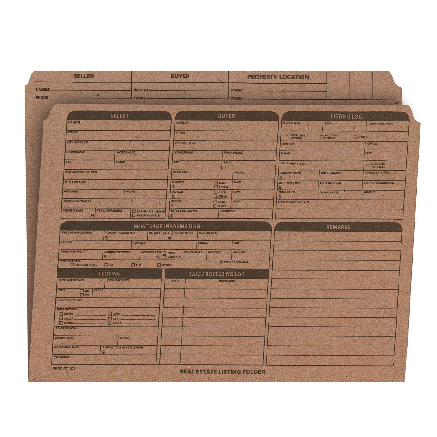 Real Estate Listing Folder, Right Panel List, Letter Size, Brown Kraft