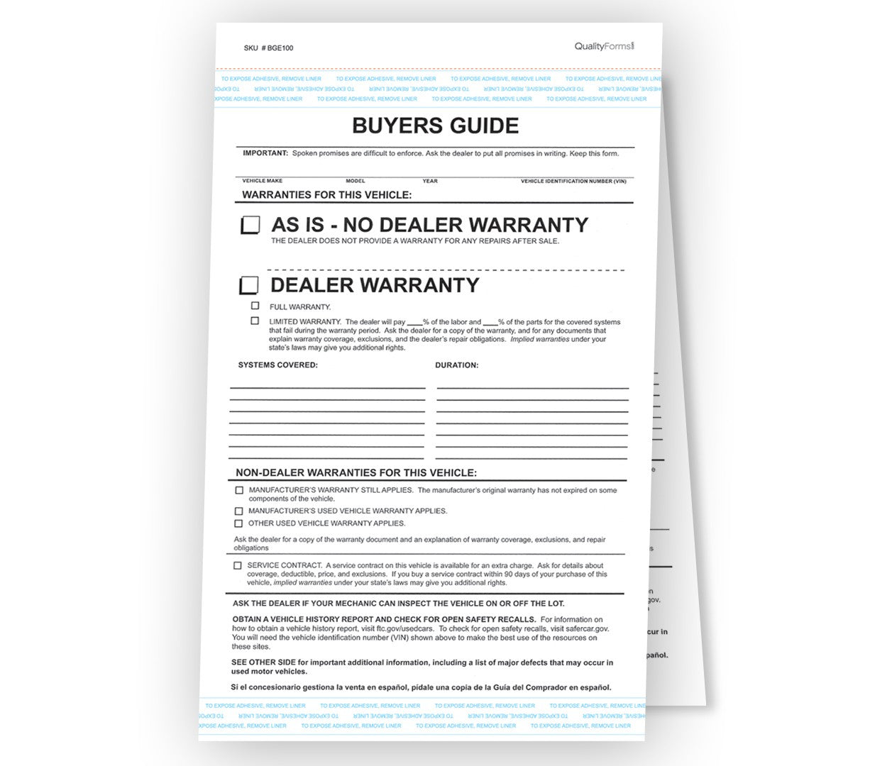 Federal Buyers Guide Warranty, 7-5/16" x 11-5/8", 2 Part