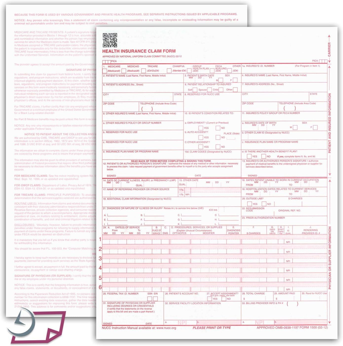 8-1/2 x 11" CMS HCFA 1500 Laser Format Insurance Claim Form