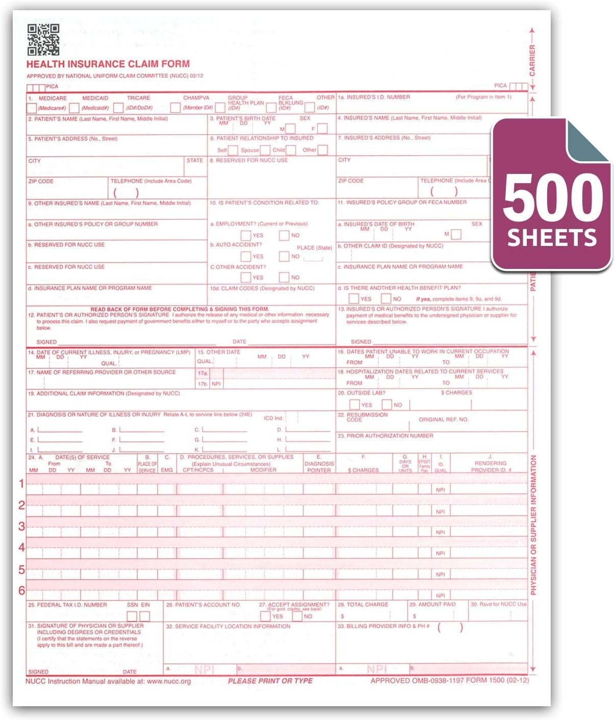 8-1/2 x 11" CMS HCFA 1500 Laser Format Insurance Claim Form