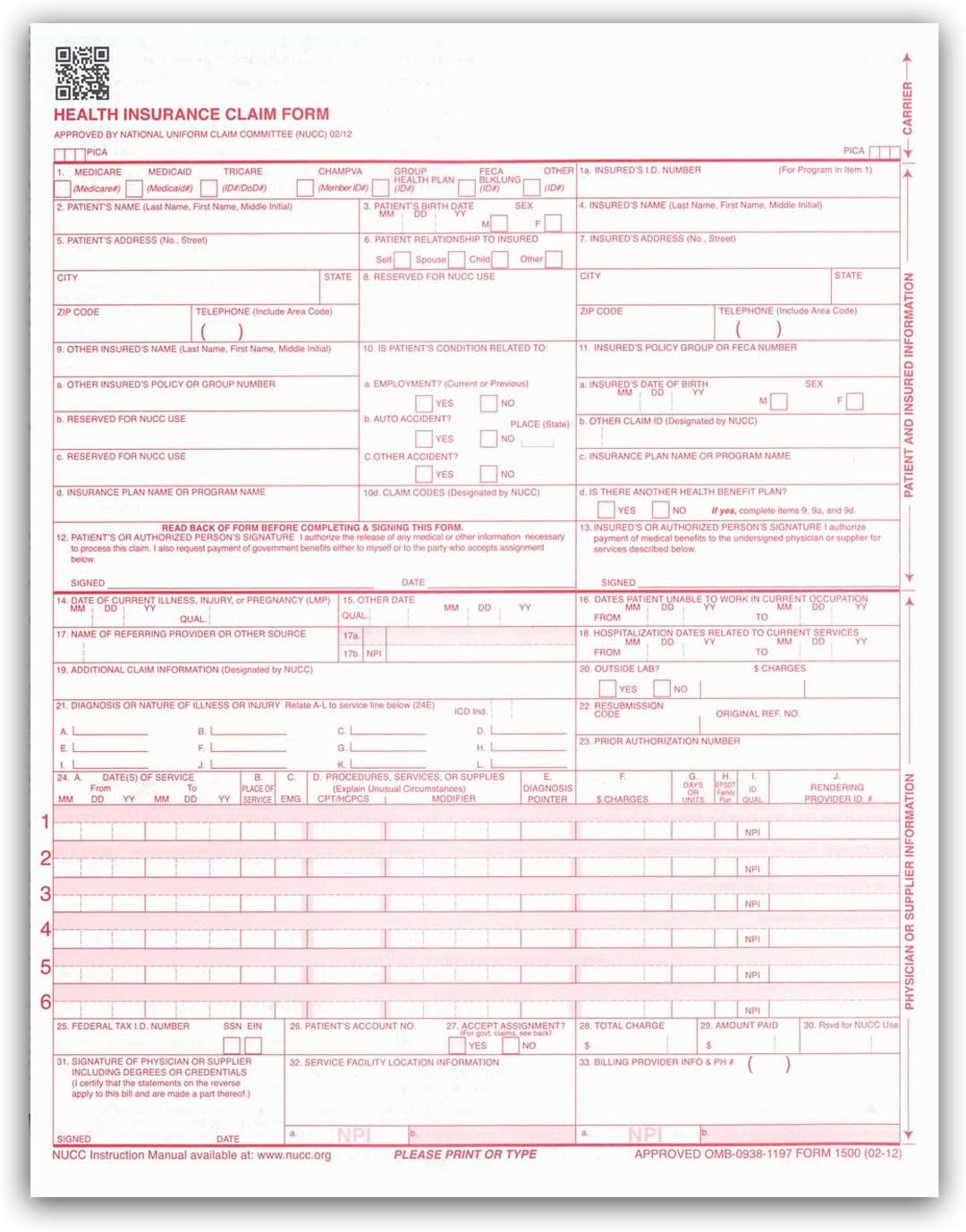 8-1/2 x 11" CMS HCFA 1500 Laser Format Insurance Claim Form