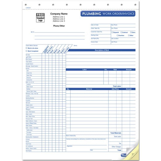 HVAC Plumbing Work Order, Form and invoice