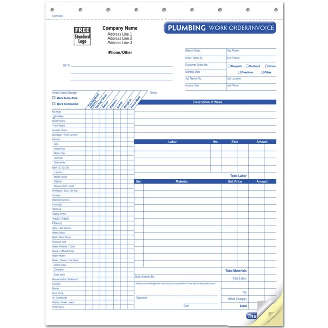 HVAC Plumbing Work Order, Form and invoice
