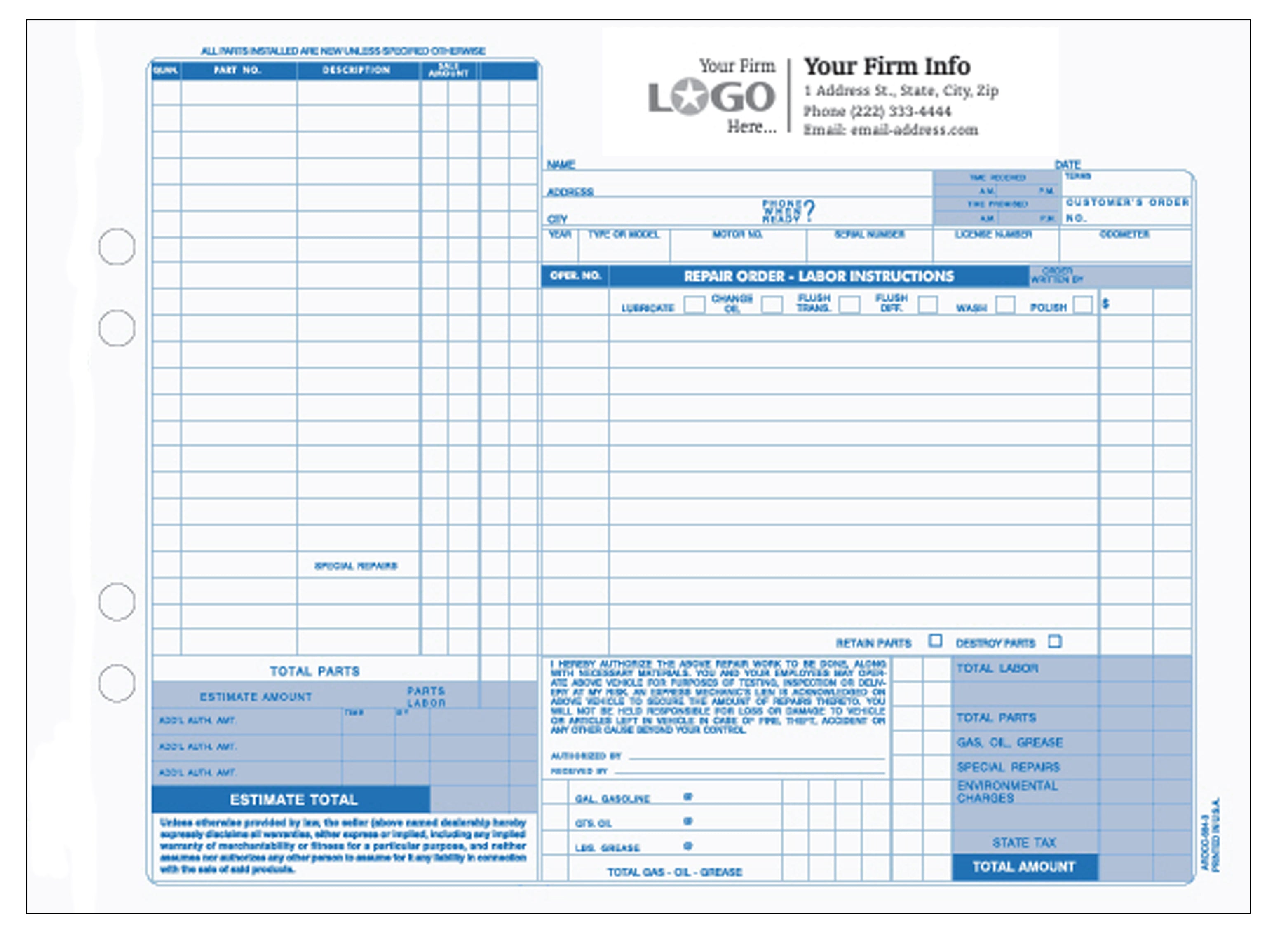 Auto Repair Order Form,  11" x 8½"