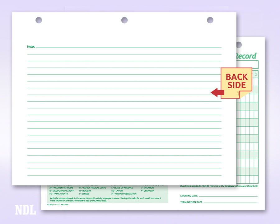 Employee Attendance Records Forms, 11 X 8 1/2"