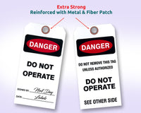 Danger Do Not Operate Tags, White Vinyl.  Two Sided
