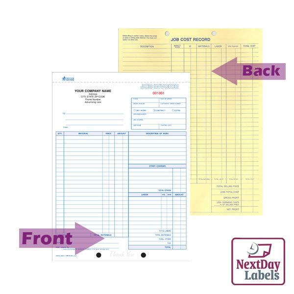 8-1/2 x 11'' Job Invoice 500 sets per book 3/4 part carbonless