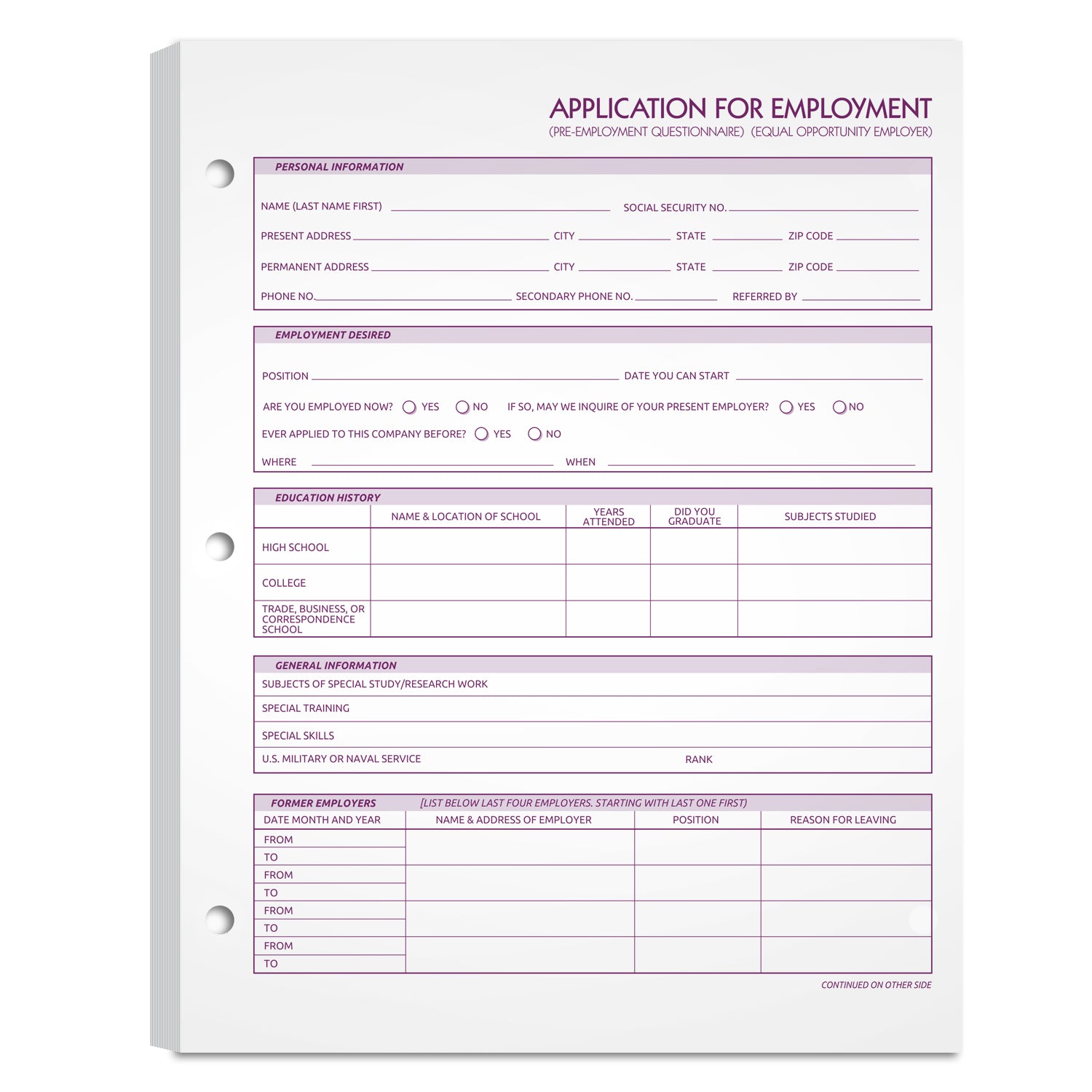 Employment application forms 8.5 x 11''