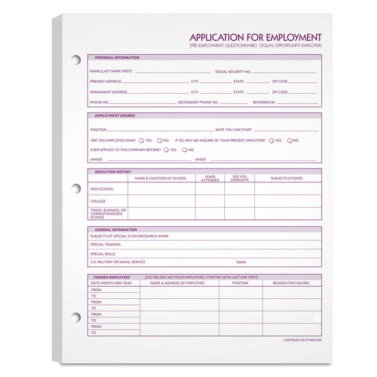 Employment application forms 8.5 x 11''