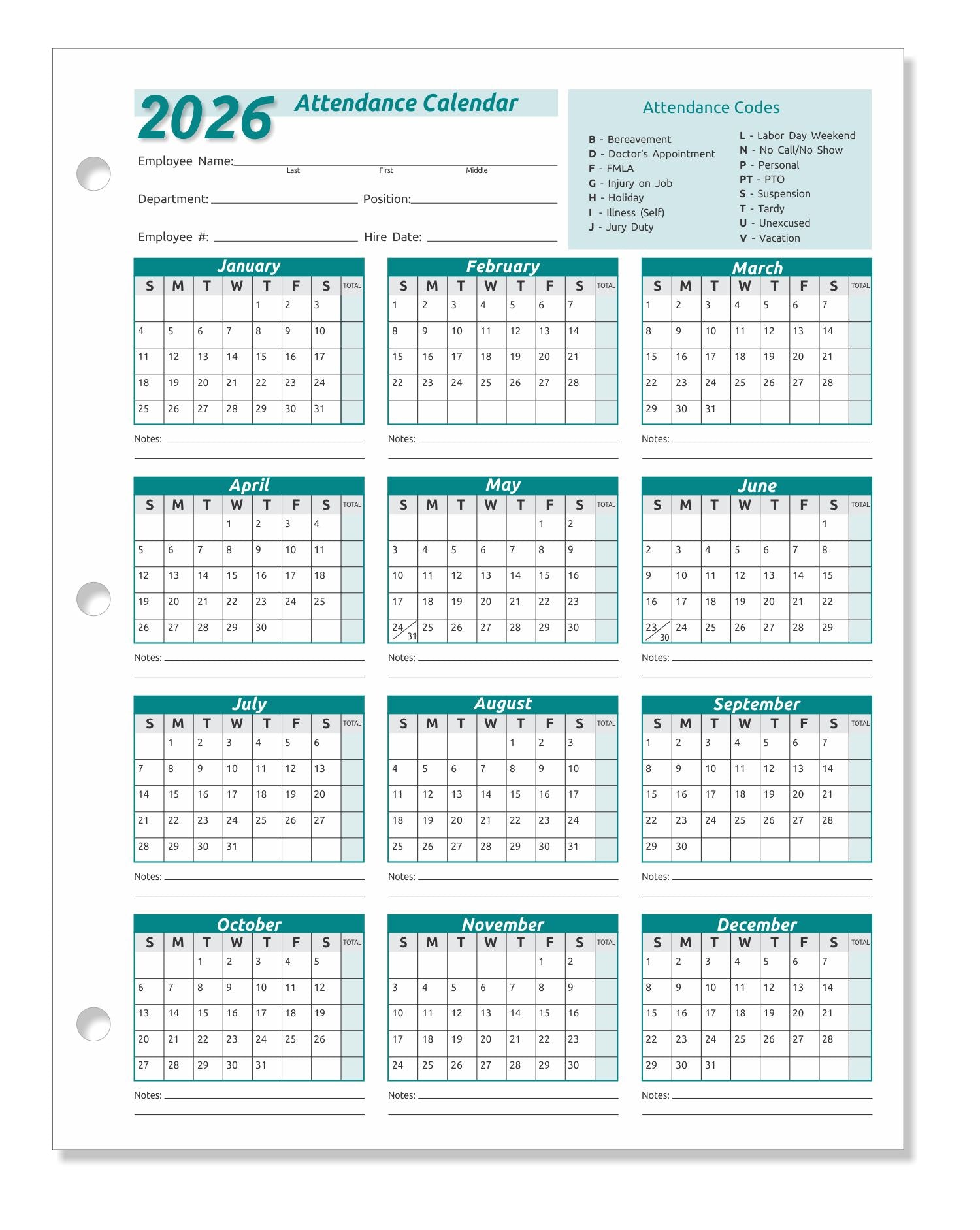 Work Tracker Attendance Calendar Cards 8 ½ X 11