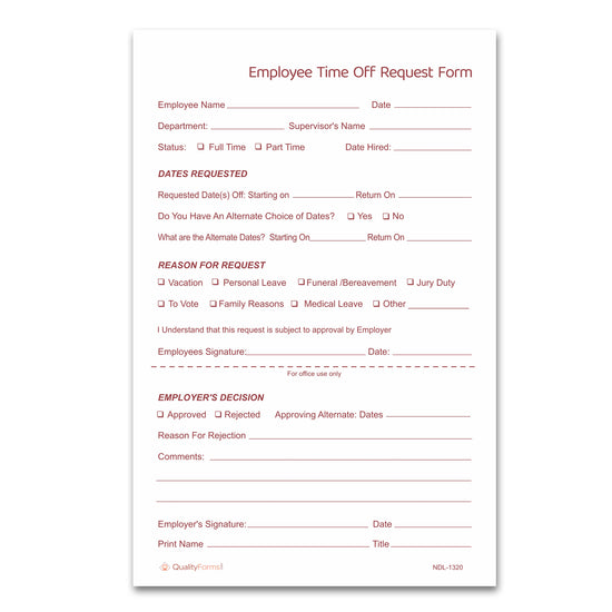 Pack of 100 Sets 2 Part NCR Carbonless Time Off Request Forms