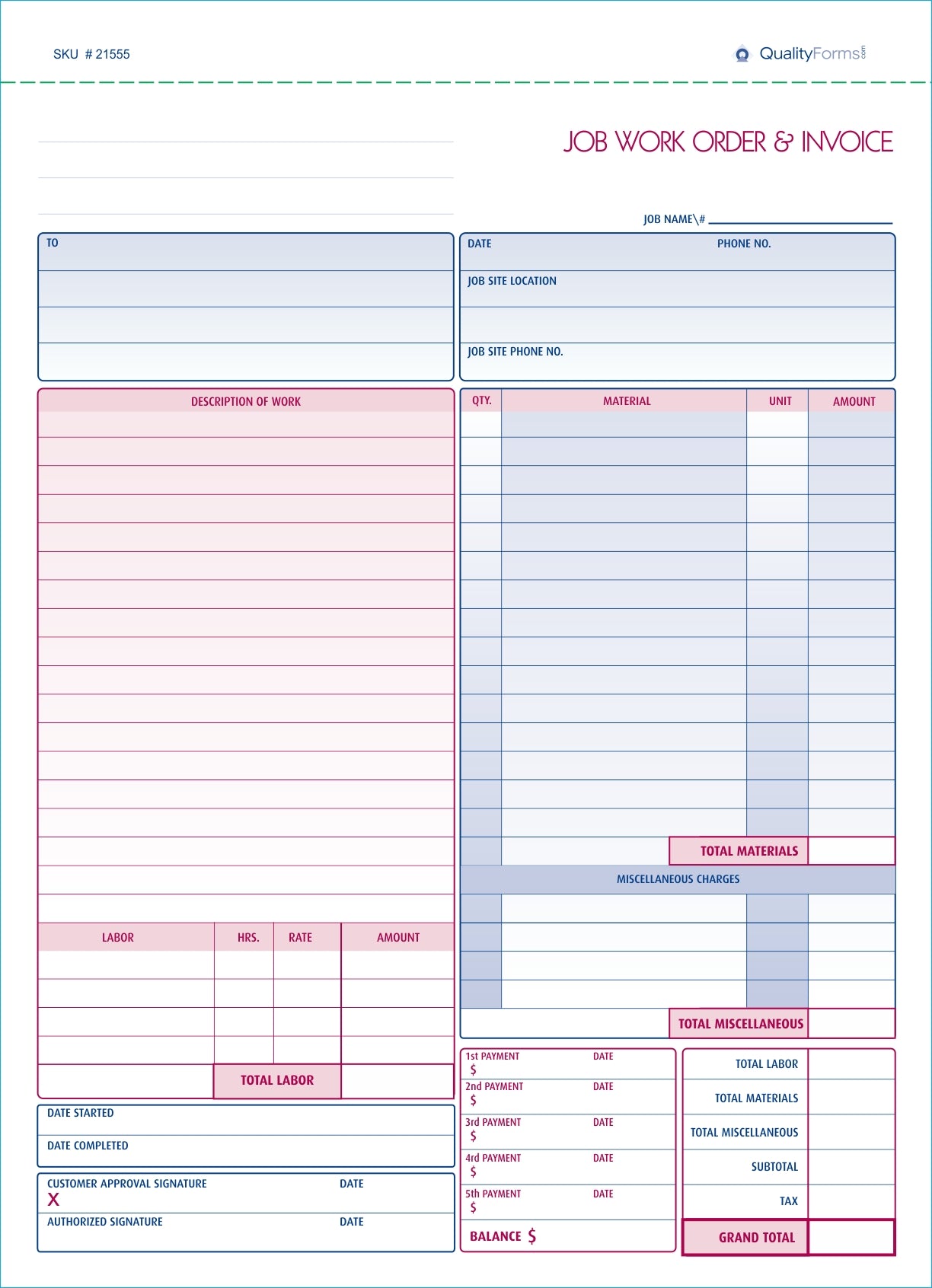 Job Work Order, Invoice & Grid Sheet, 2 Part Carbonless, 100 Per Pack ...
