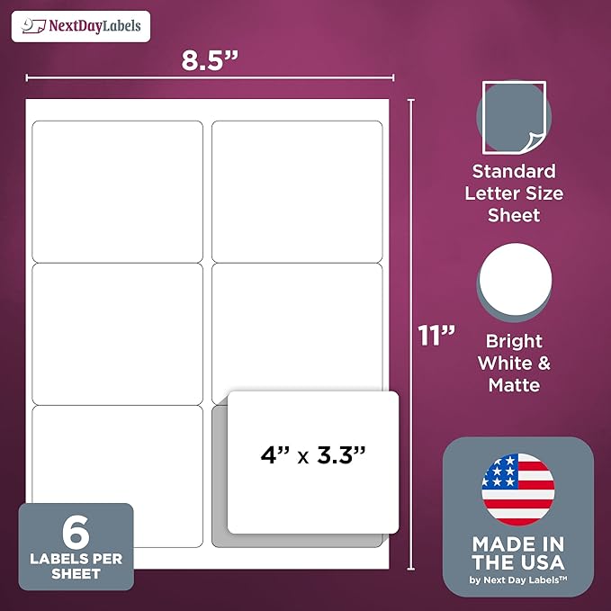 8-1/2" x 11", 6 Labels, per Sheet,4" x 3.3"