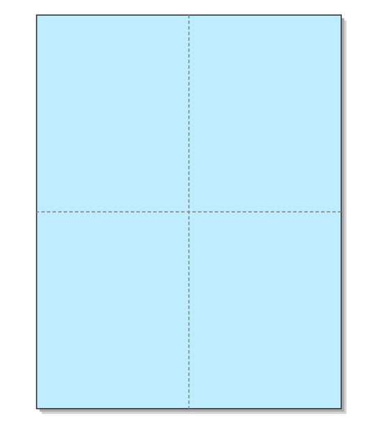 8-1/2 x 11" 100# Tag Laser Cards, 4 Up, 1 Horizontal perf & 1 Vertical Perf at the Center, Blue