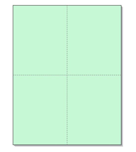 8-1/2 x 11" 100# Tag Laser Cards, 4 Up, 1 Horizontal perf & 1 Vertical Perf at the Center, Green