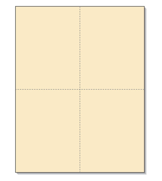 8-1/2 x 11" 100# Tag Laser Cards, 4 Up, 1 Horizontal perf & 1 Vertical Perf at the Center,Manila