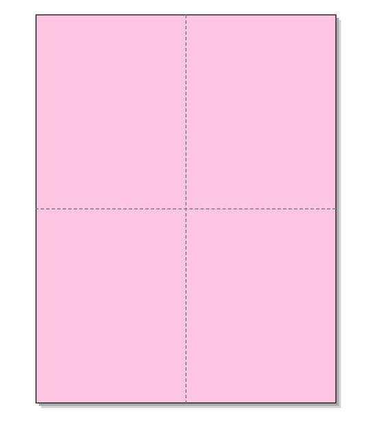 8-1/2 x 11" 100# Tag Laser Cards, 4 Up, 1 Horizontal perf & 1 Vertical Perf at the Center, Pink