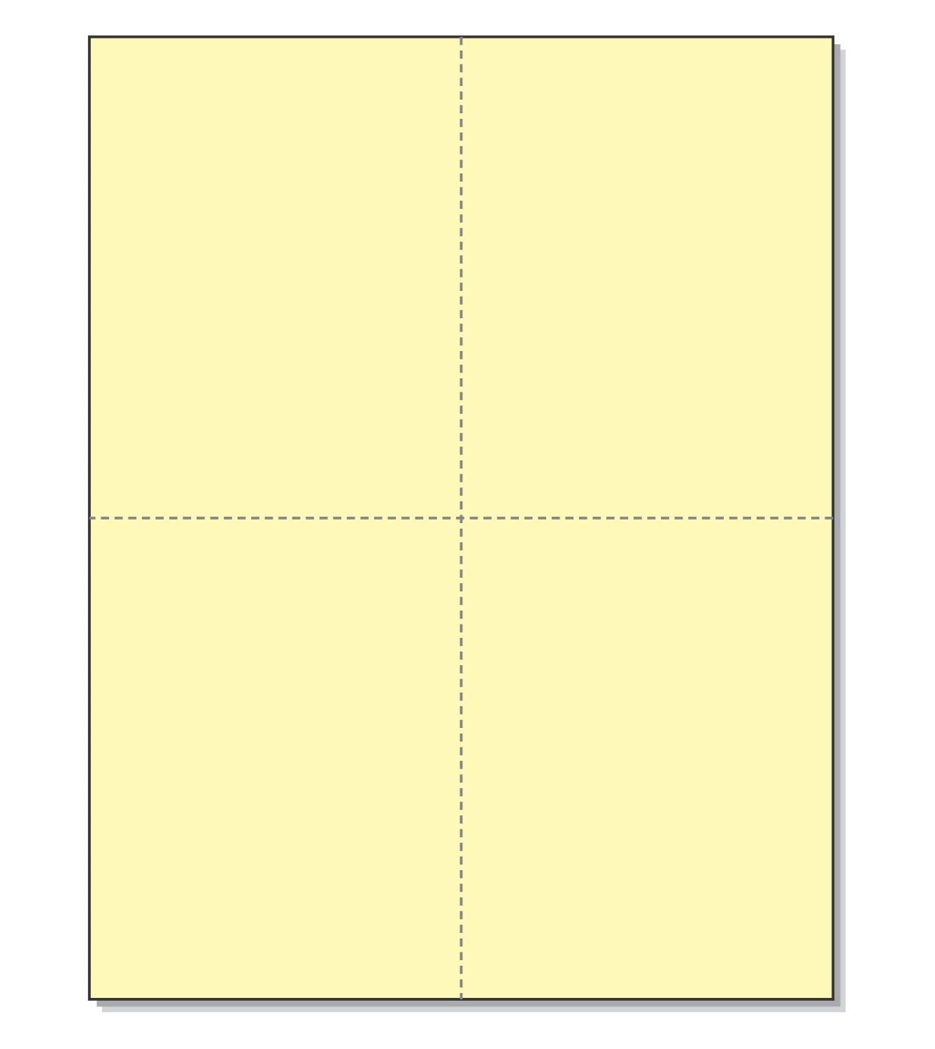 8-1/2 x 11" 100# Tag Laser Cards, 4 Up, 1 Horizontal perf & 1 Vertical Perf at the Center, Canary