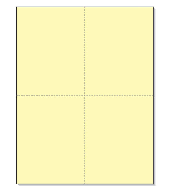 8-1/2 x 11" 100# Tag Laser Cards, 4 Up, 1 Horizontal perf & 1 Vertical Perf at the Center, Canary