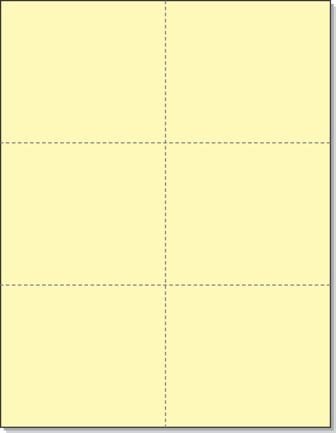 8-1/2 x 11" 100# Tag Laser Cards, 6 Up, 1 Horizontal & 2 Vertical Perforations, Canary