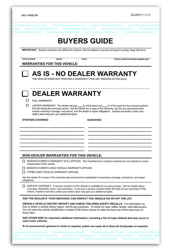 Federal Buyers Guide Warranty, 7-5/16" x 11-5/8", 2 Part