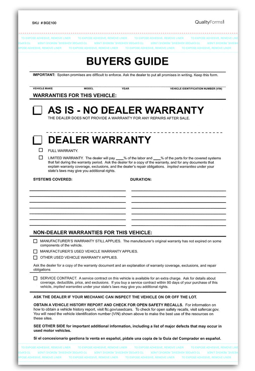 Federal Buyers Guide Warranty, 7-5/16" x 11-5/8", 2 Part