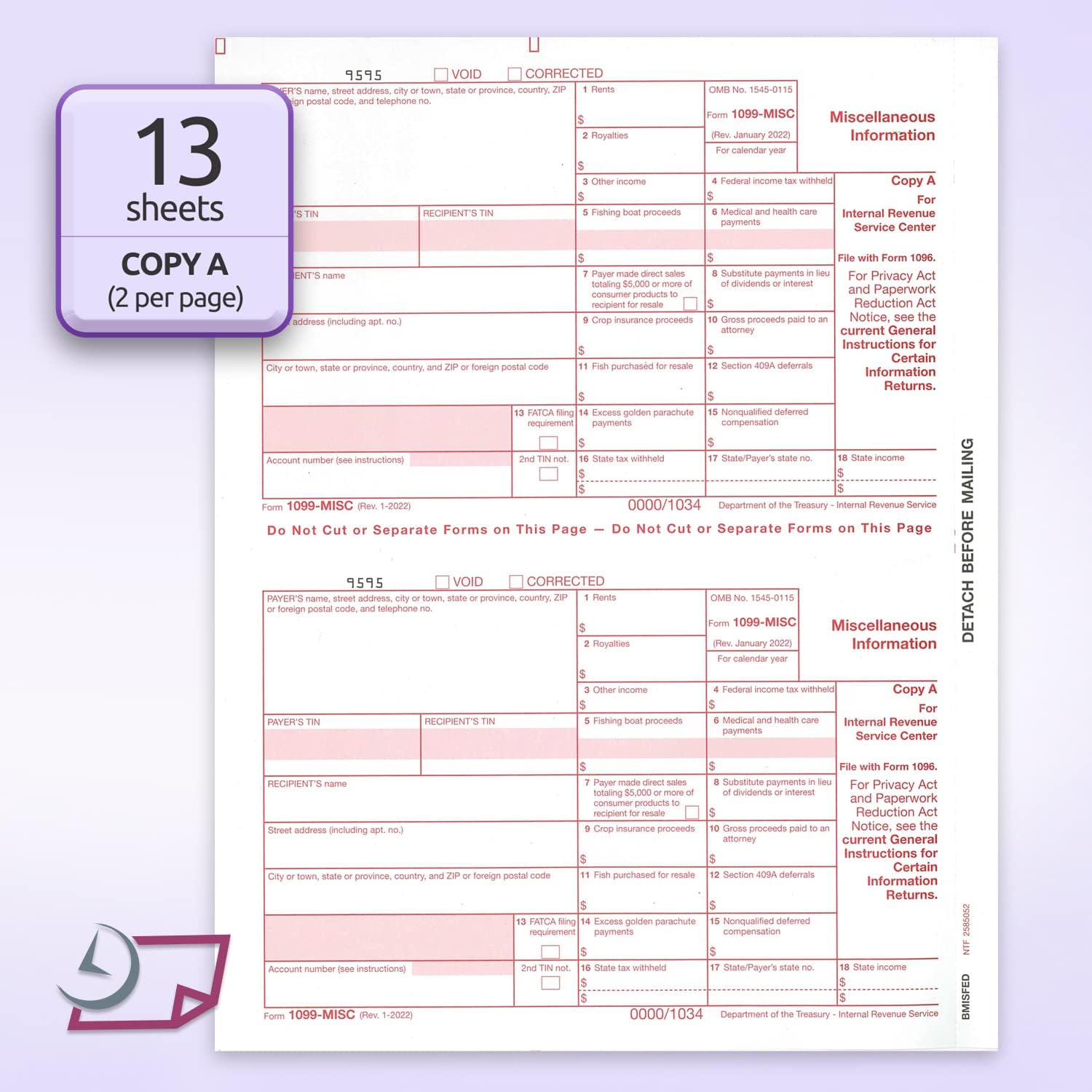1099 MISC Forms for 2025, 4-Part Tax Forms,  25 Forms and 25 Self-Seal Envelopes.