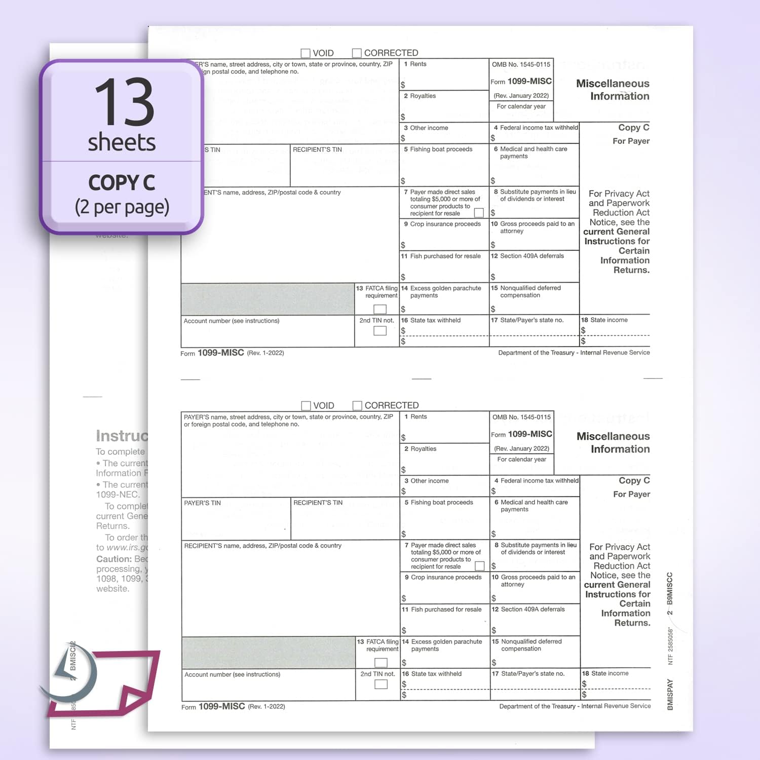 1099 MISC Forms for 2025, 4-Part Tax Forms,  25 Forms and 25 Self-Seal Envelopes.